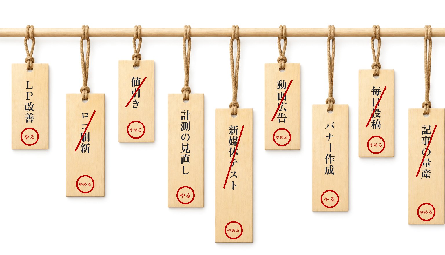 横木に吊るした施策の札。LP改善・計測の見直し・バナー作成には「やる」の丸印。ロゴ刷新・値引き・新媒体テスト・動画広告・毎日投稿・記事の量産は斜線で消して「やめる」。